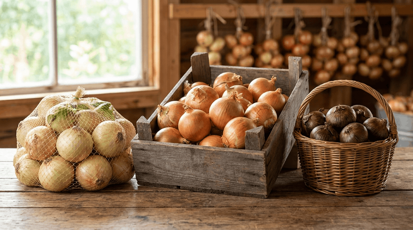 Three types of harvested onions in a kitchen layed on a table.