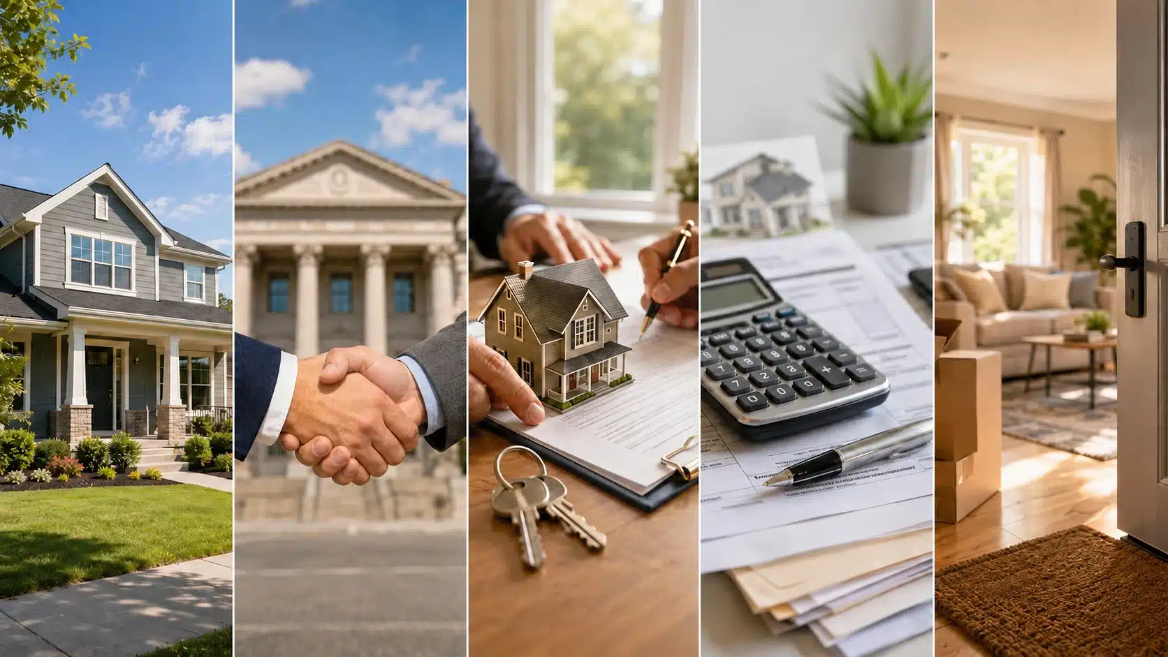 Five-panel visual showing a home, lender handshake, mortgage paperwork, closing costs, and move-in stage of a zero deposit mortgage.