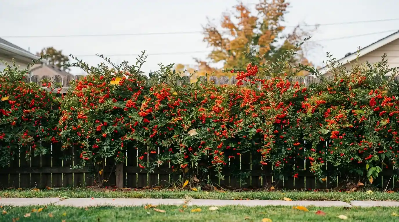 Pyracantha bush with dense green foliage and red berries growing along a residential fence in a garden landscape.