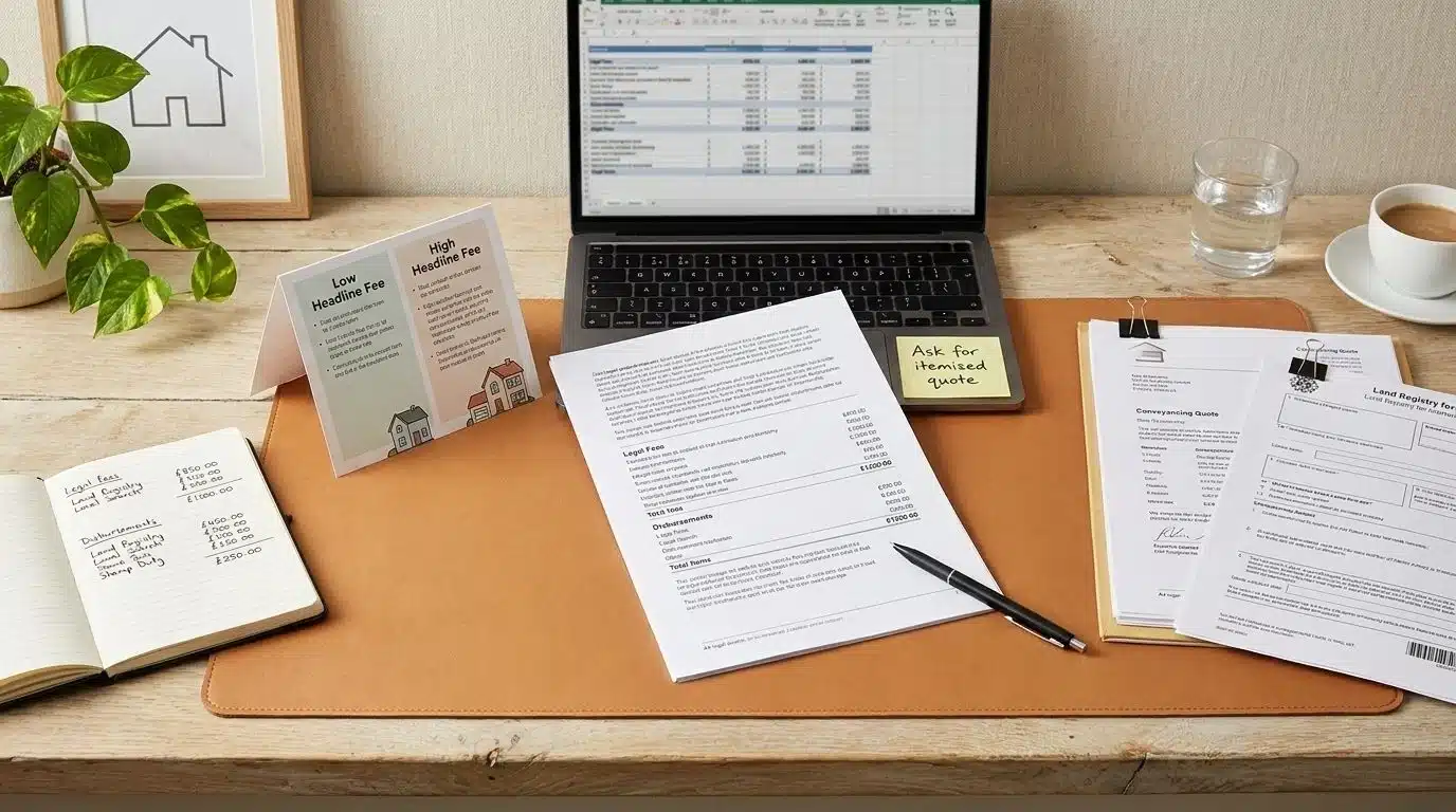 A professional desk flat-lay showing conveyancing fee documents, an itemized legal quote, a handwritten notebook comparing legal fees and disbursements, an open laptop, and a sticky note reading ask for itemised quote, styled in warm natural light on a pale oak surface.