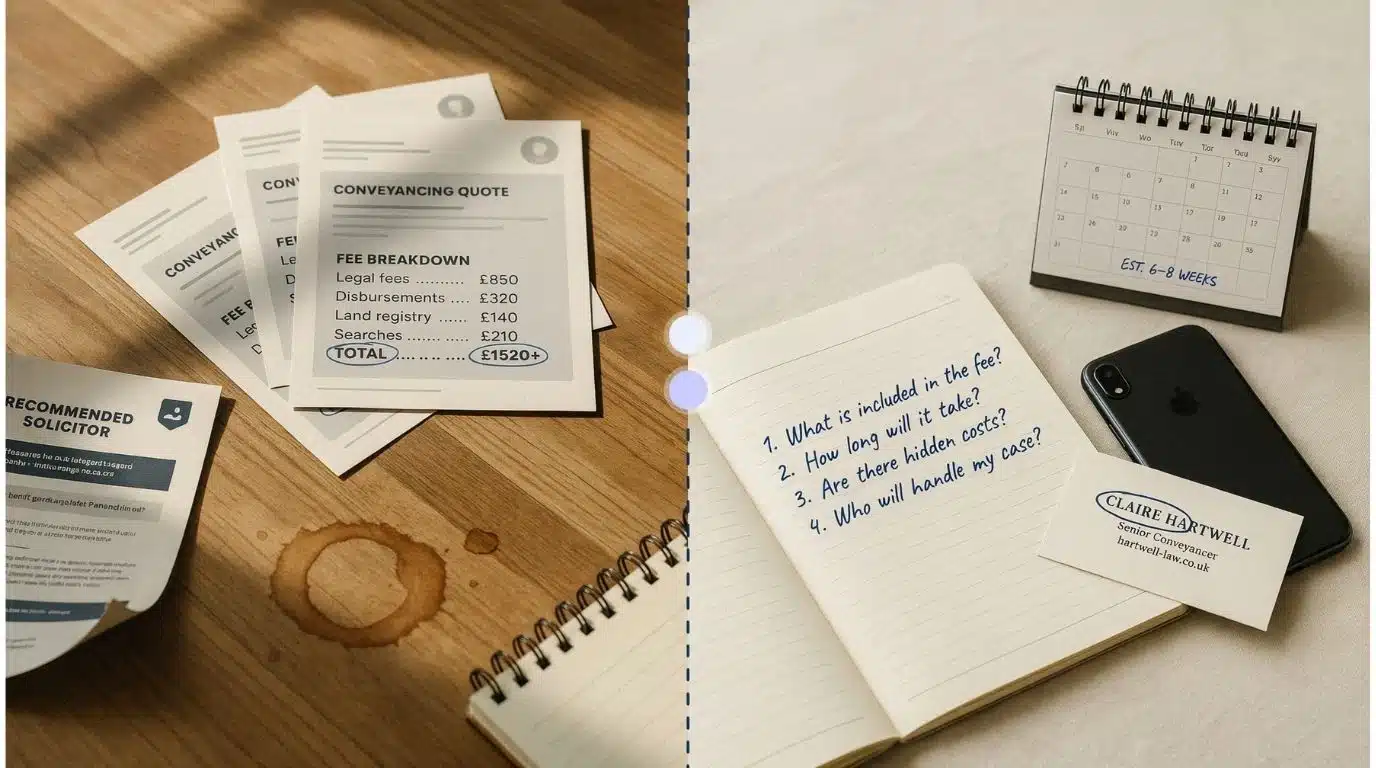 Desk with conveyancing quotes and estate agent flyer beside a notepad with questions to ask, a phone, and a business card.
