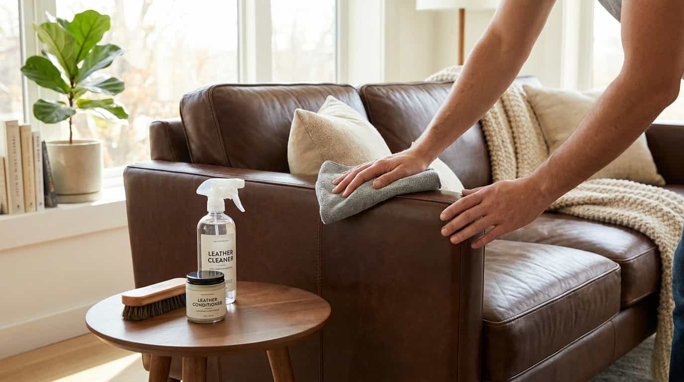 A person cleaning a leather couch with a microfiber cloth, leather cleaner, and conditioner in a living room