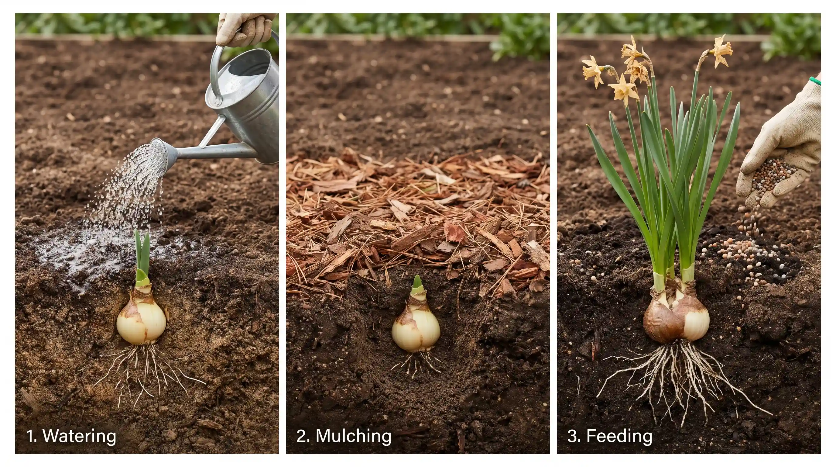 Daffodil bulb care collage showing watering, mulching, and feeding steps in a garden setting.