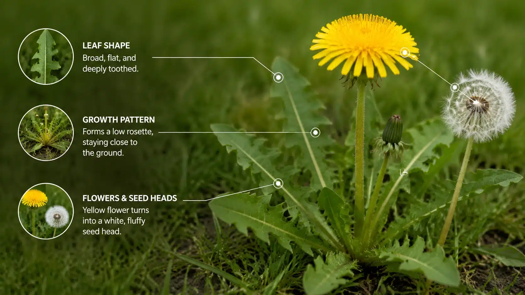 Close-up dandelion showing leaf shape, growth pattern, and flower features used to identify lawn weeds.