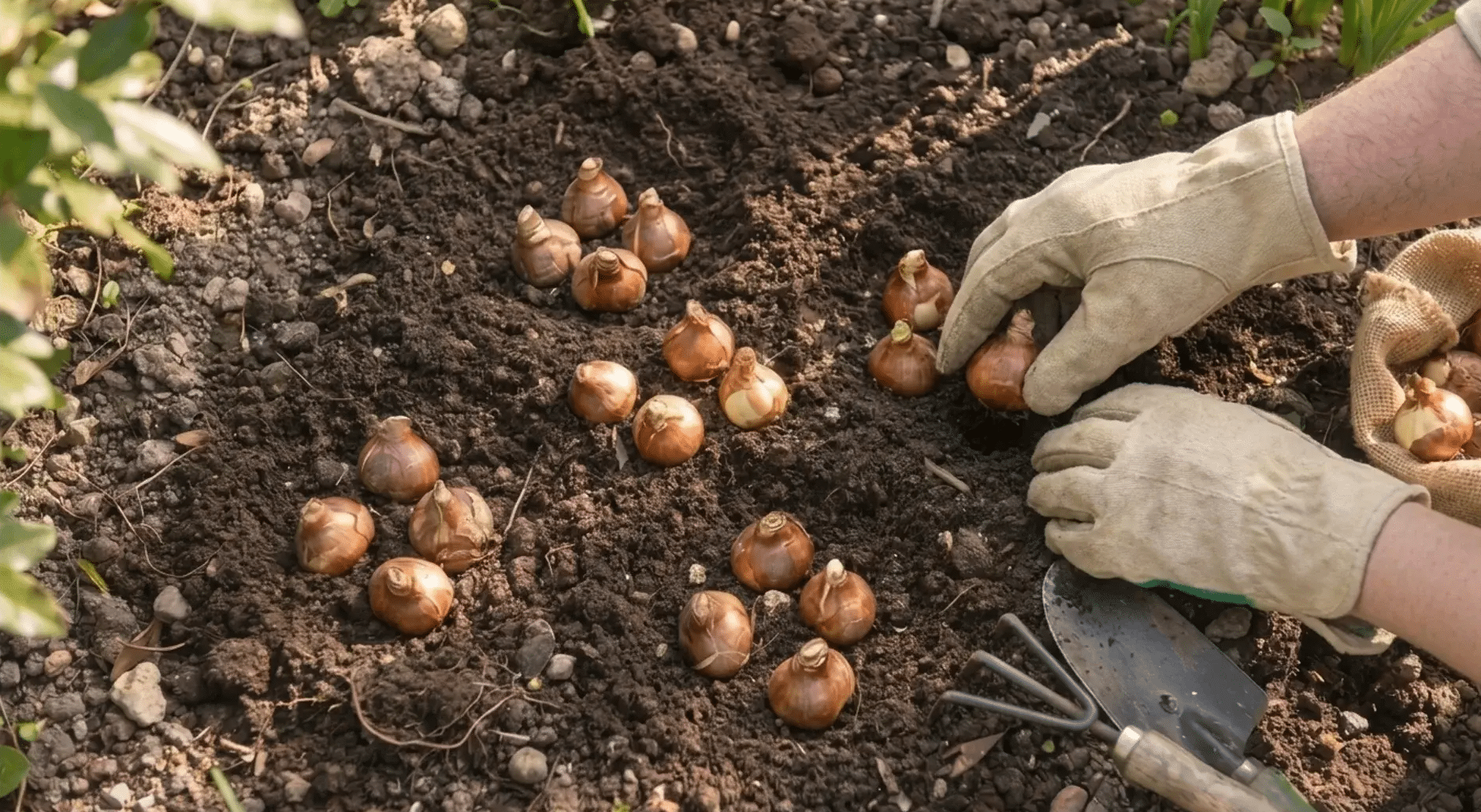 Daffodil bulbs are spaced evenly apart in loose soil for healthy garden growth.