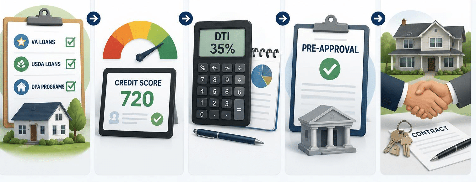 Steps showing how to qualify for a zero-deposit mortgage, including eligibility check, credit score, DTI calculation and lender pre-approval.