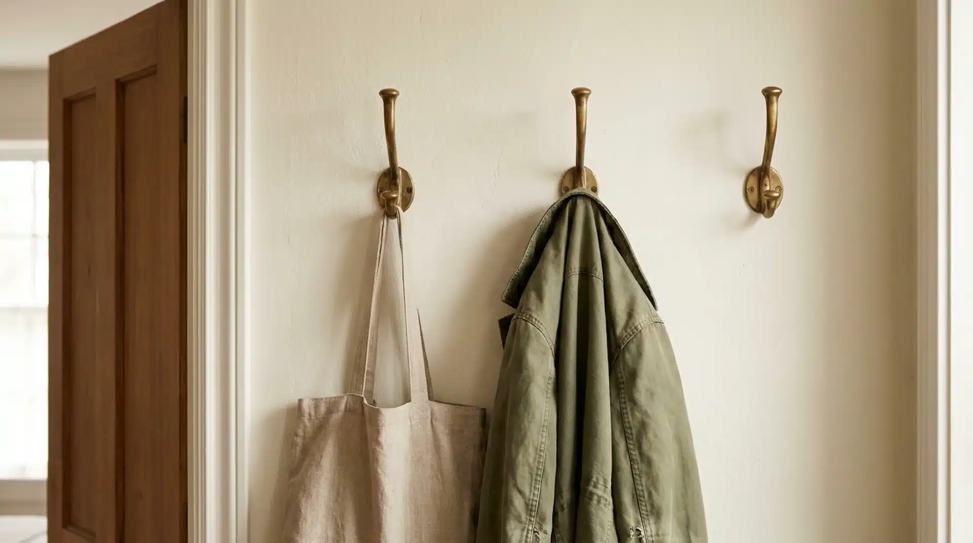 Brass wall hooks near a guest bedroom door with a linen tote bag and jacket hanging from two hooks.