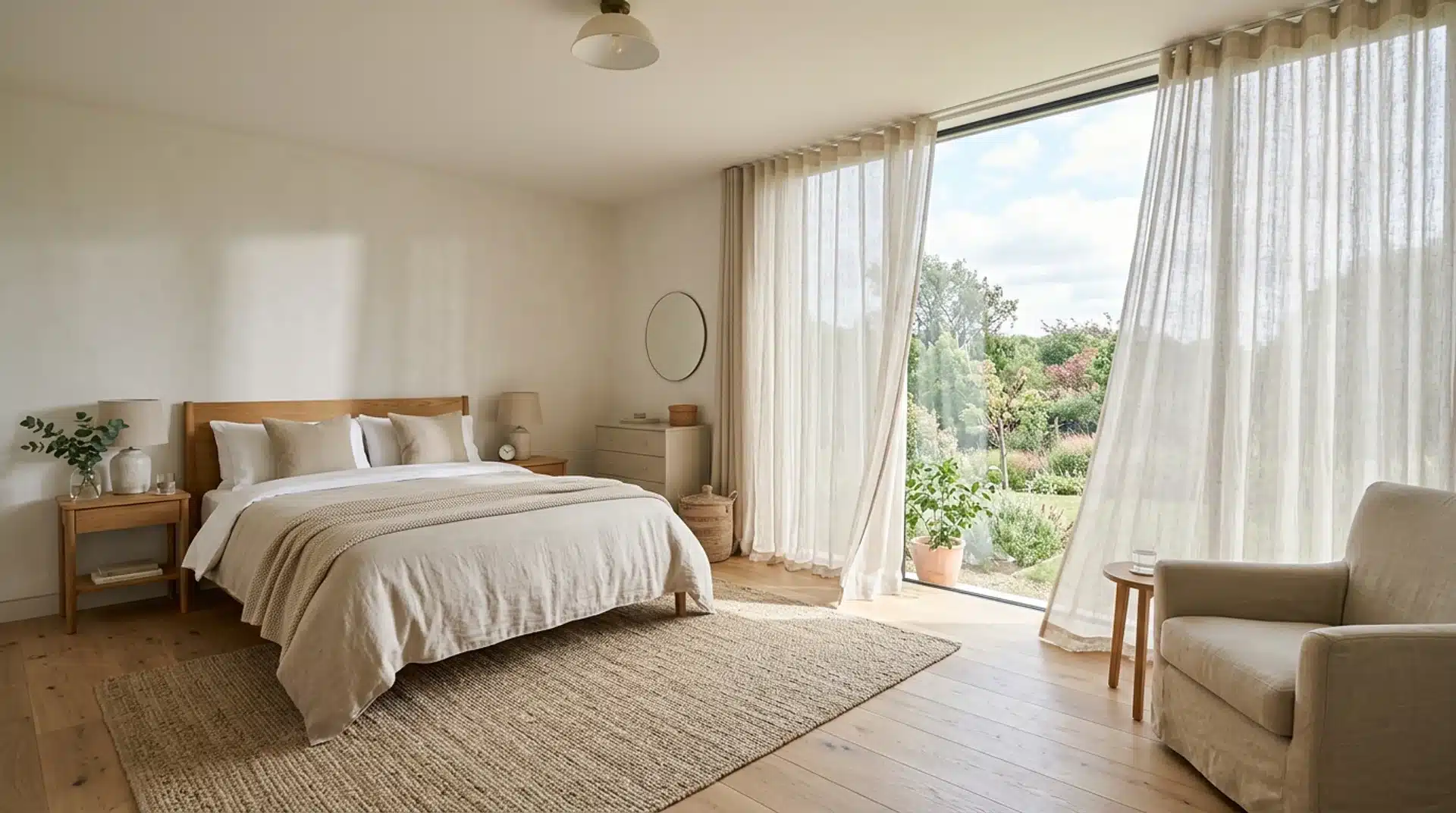 Bright guest bedroom with sheer curtains framing a clear window and natural daylight flooding in.