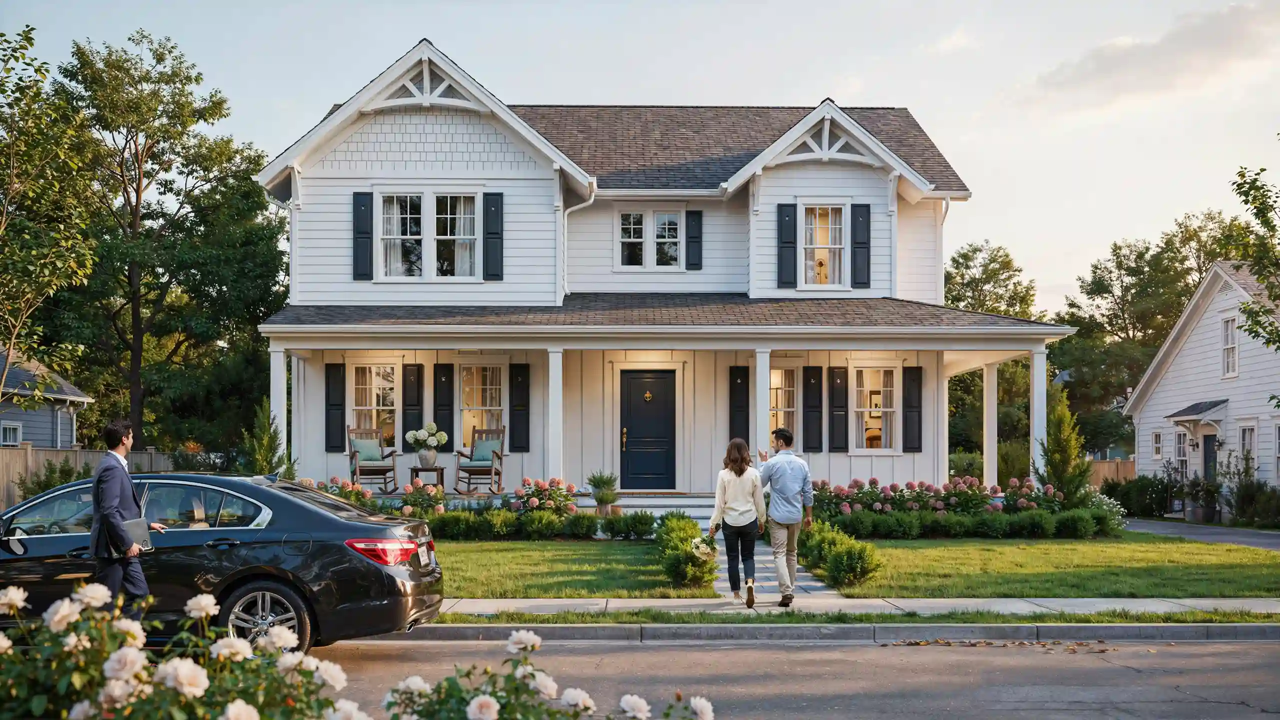 Modern home exterior with buyers viewing property for sale