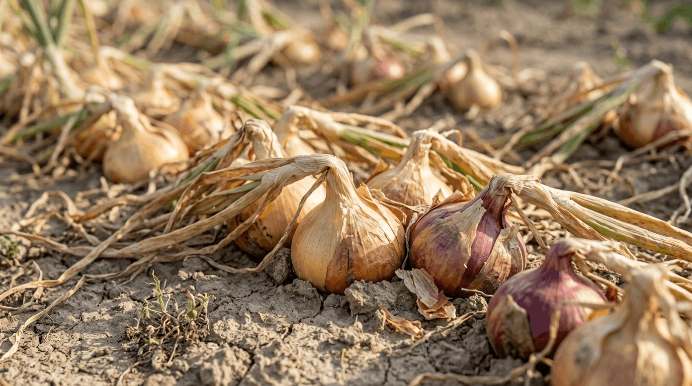 Mature onions showing fallen tops, exposed bulbs, and papery skins ready for harvest.