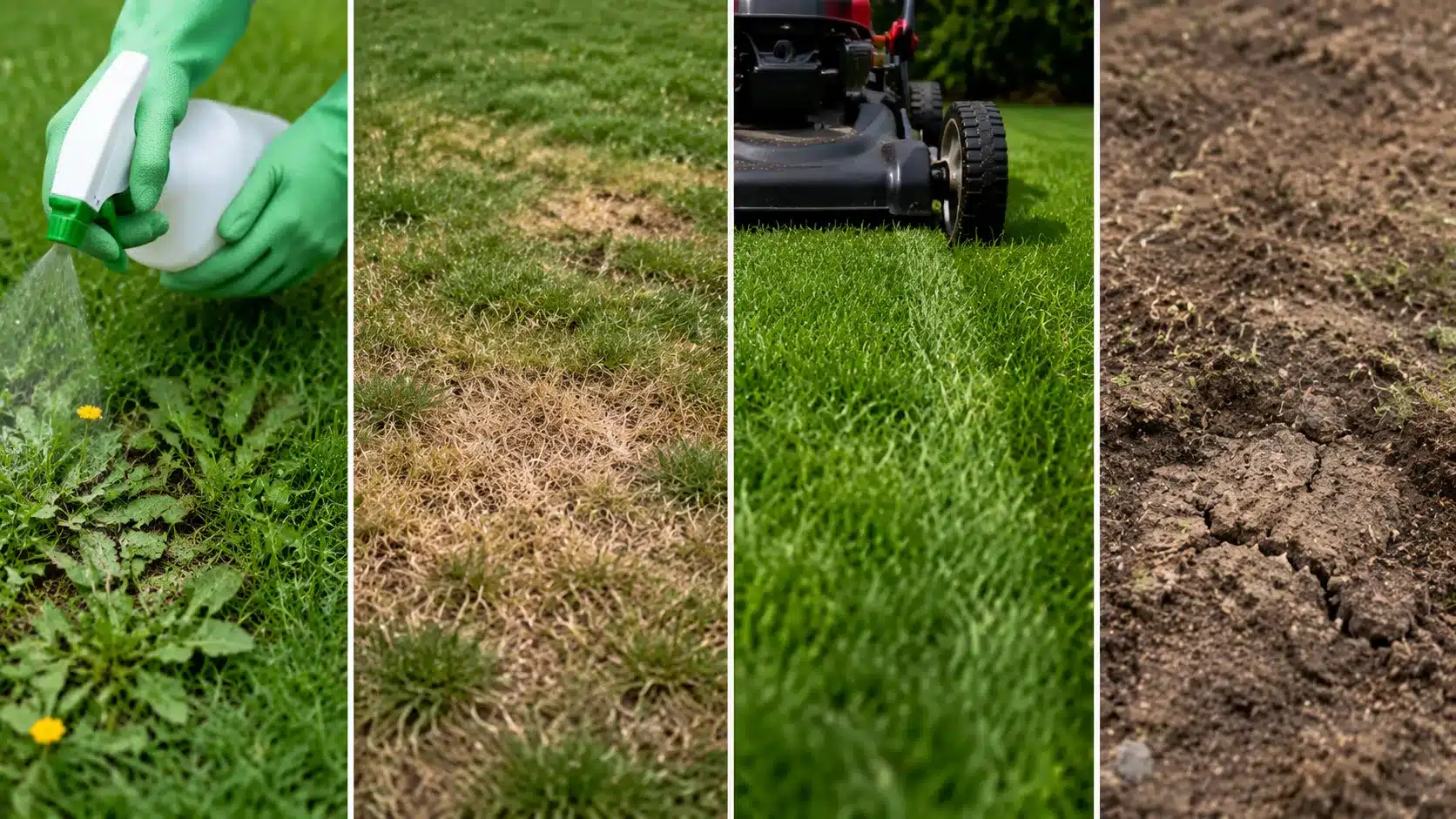 Four lawn mistakes shown with weed spraying, damaged grass, improper mowing, and poor soil conditions causing recurring weed problems.