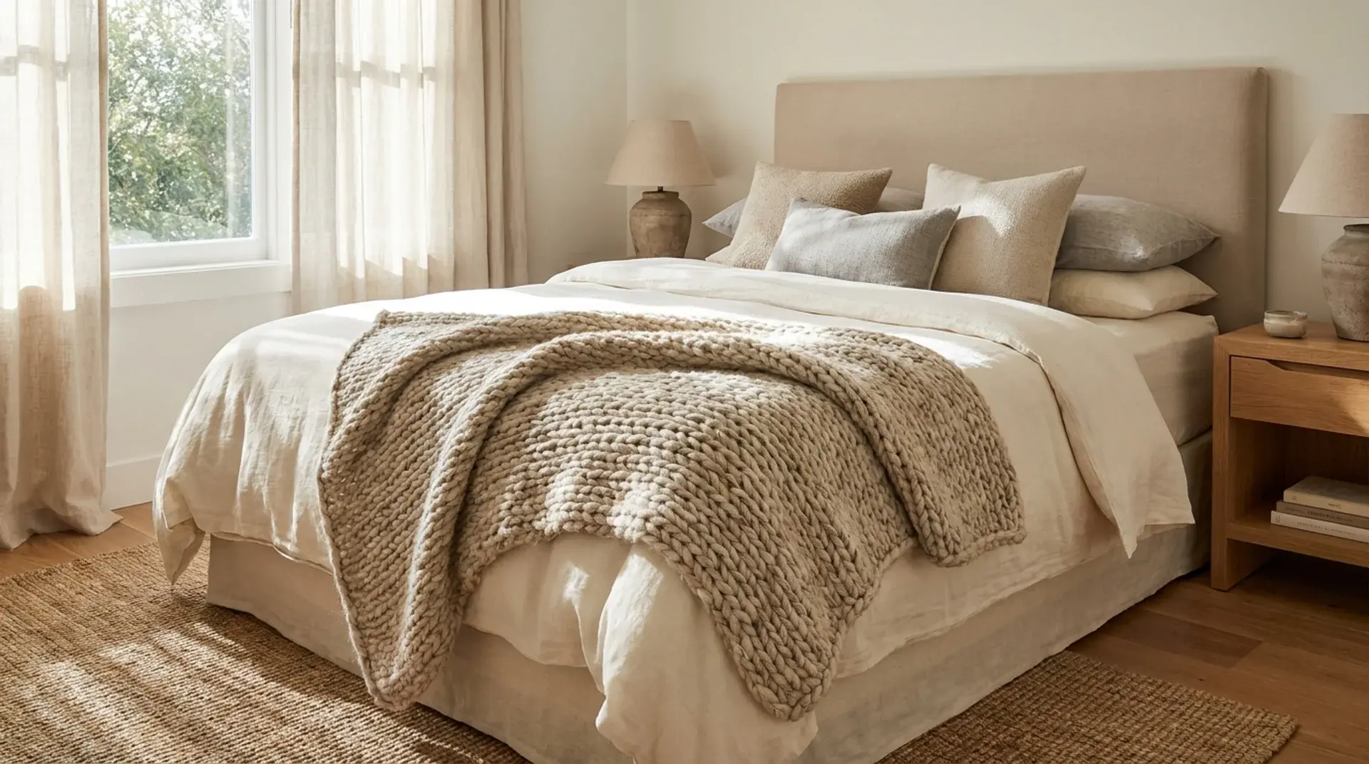 Neutral bedroom with a chunky knit throw on layered cream bedding and soft natural textures.