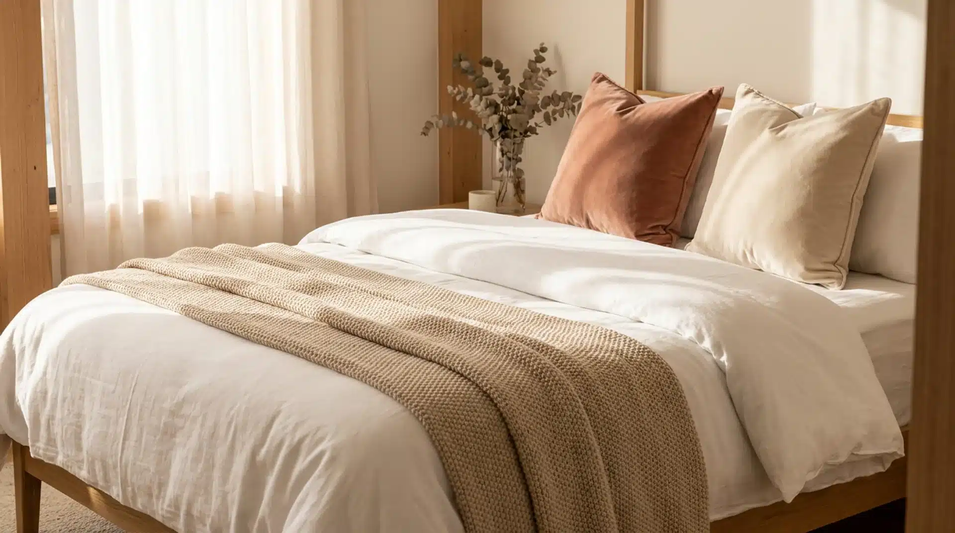 Guest bed with crisp white linen, fluffy duvet, and knitted throw in soft morning light.