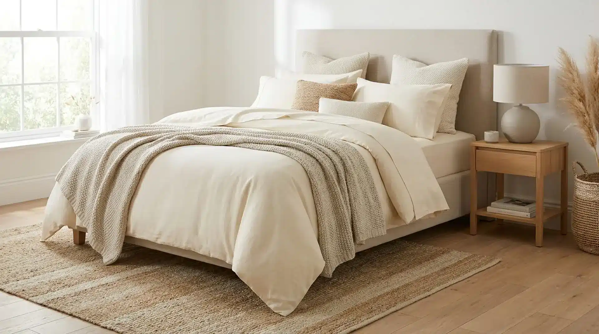 Ivory and cream layered bedding with textured fabrics in a calm neutral bedroom.