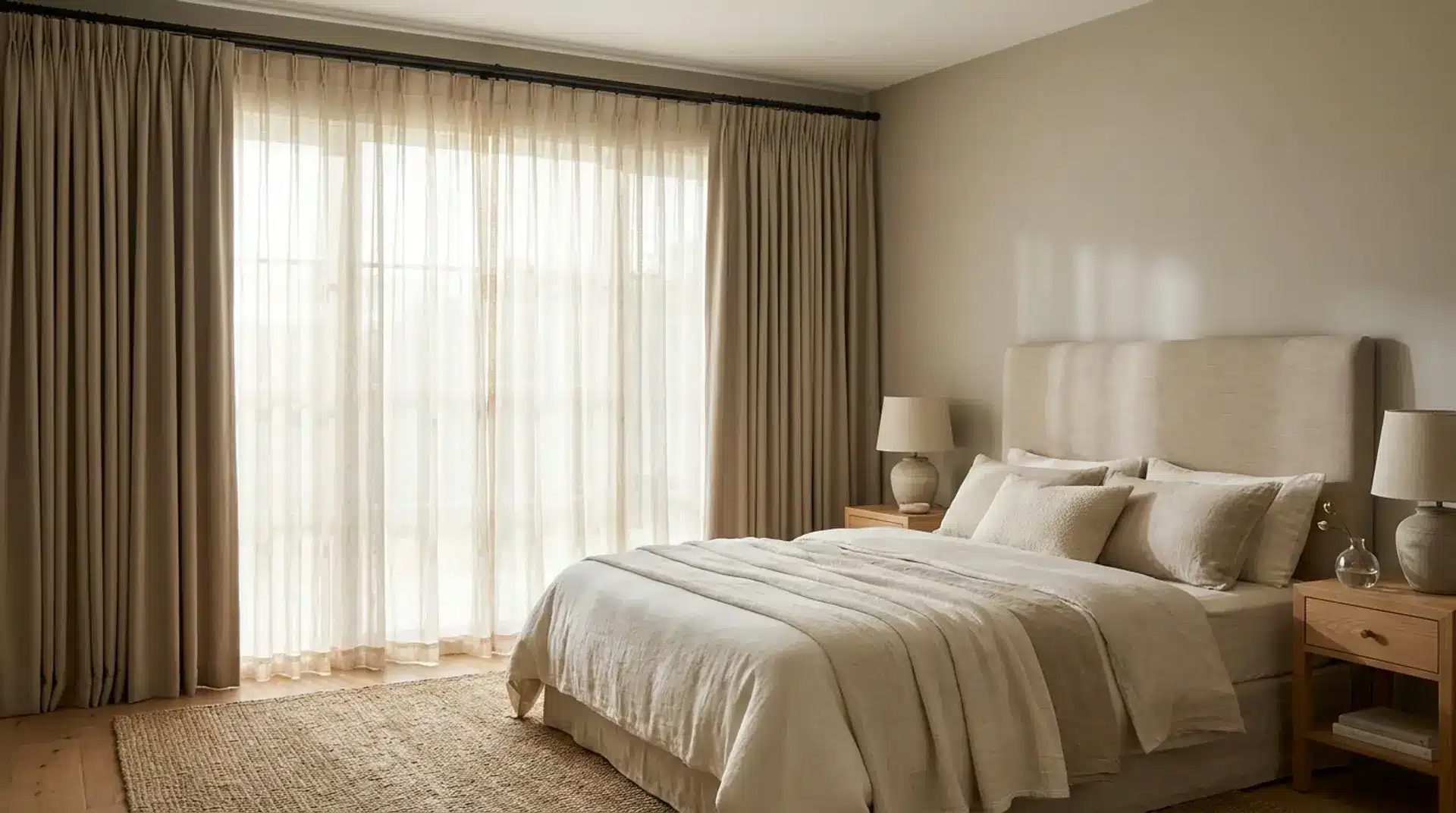 Neutral bedroom with layered sheer and blackout curtains, linen bedding, and soft natural light.