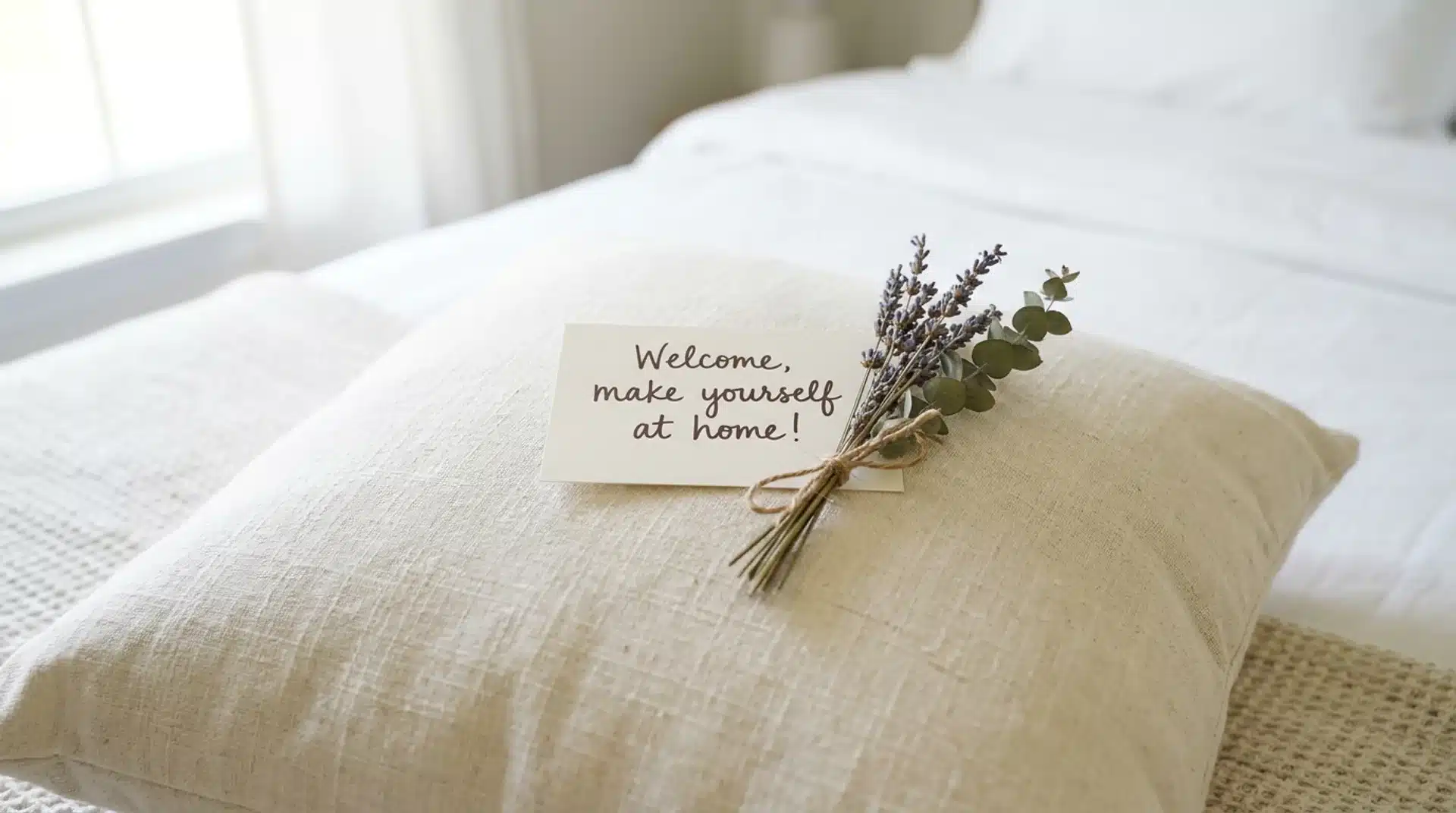 Guest bedroom pillow with a handwritten welcome card and dried flower sprig in soft morning light.