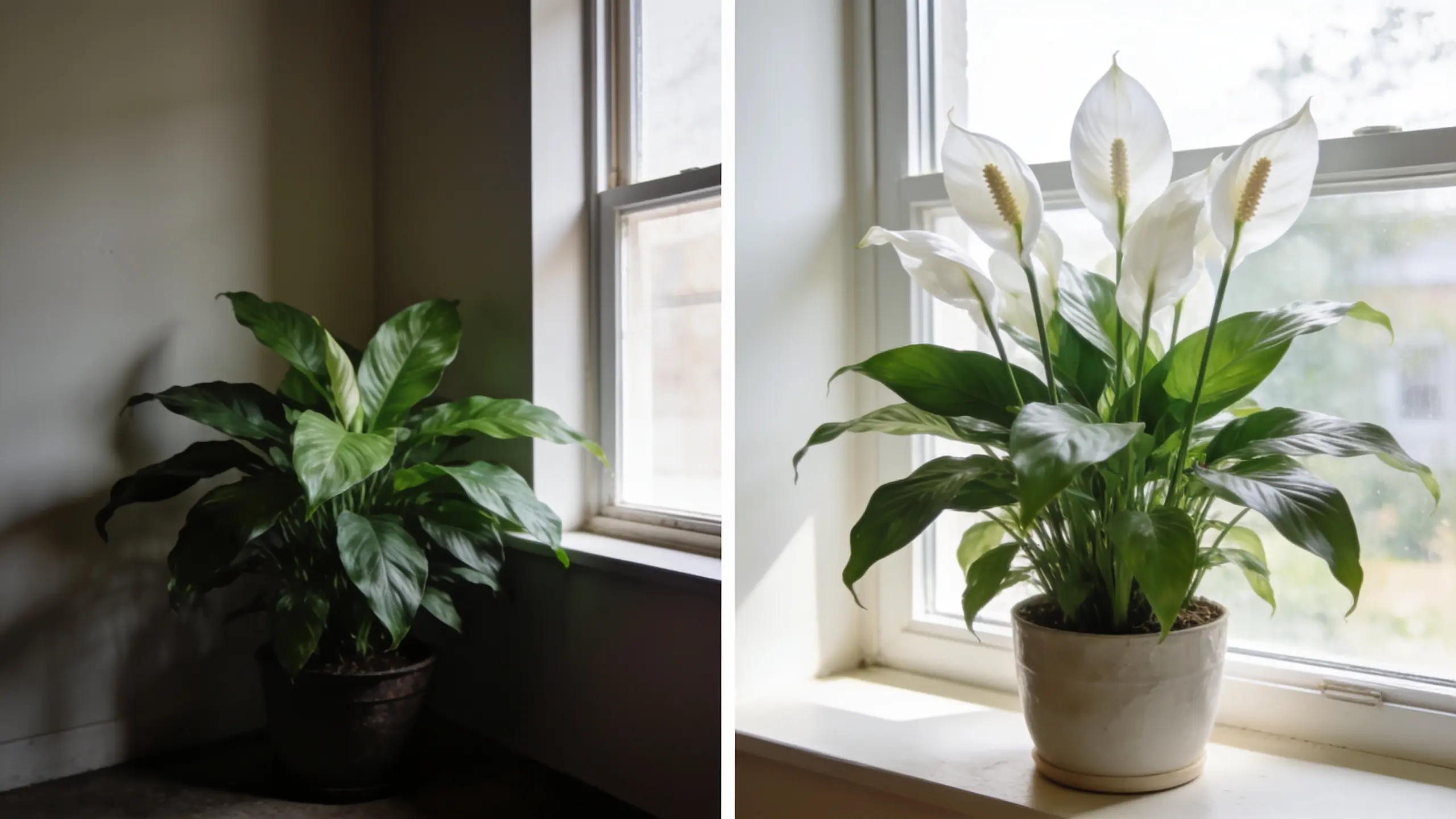 Peace lily in low light and bright indirect light showing difference in growth and flowering