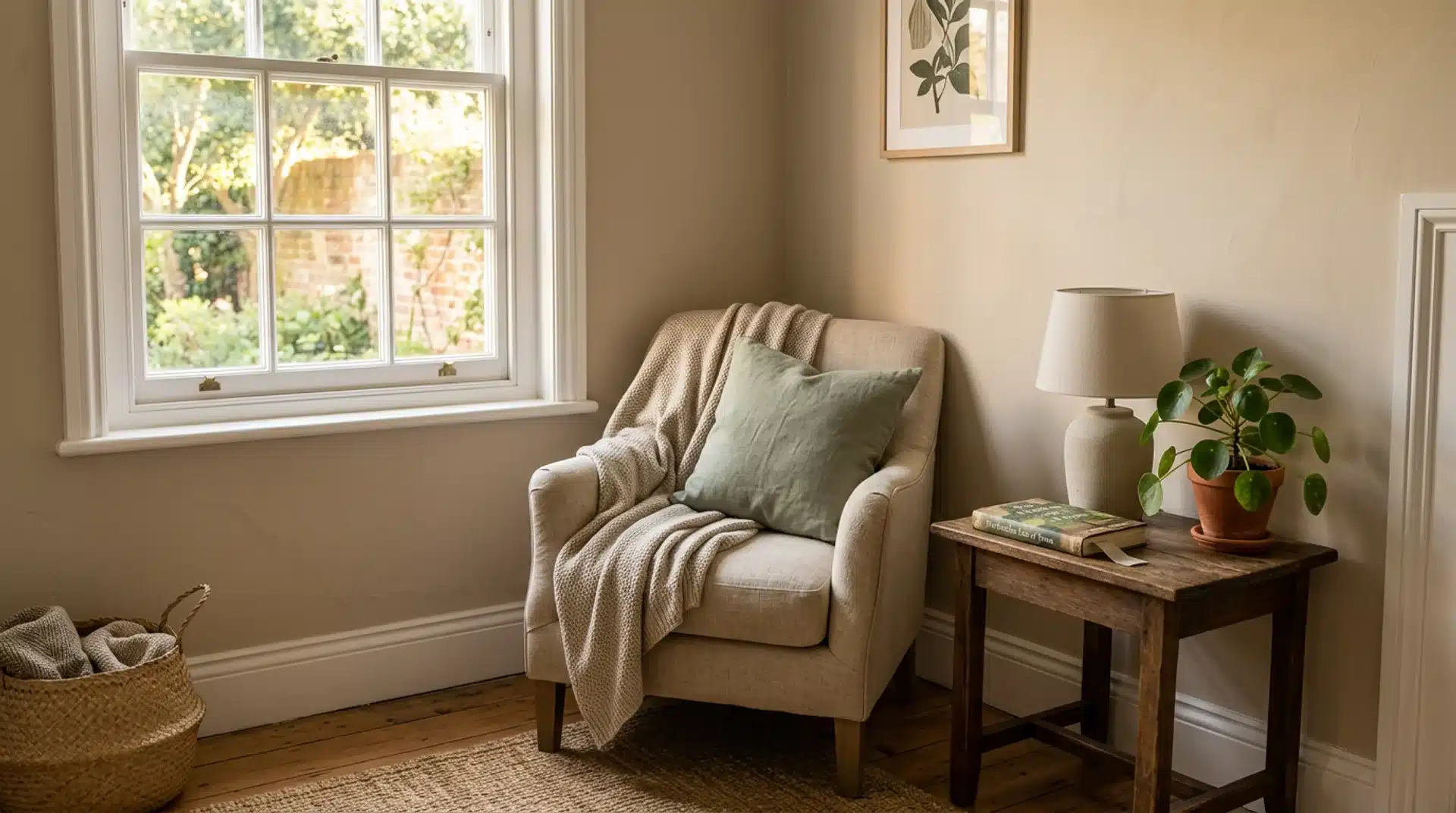 Guest bedroom corner with a small linen armchair, side table, plant, and book in afternoon light.