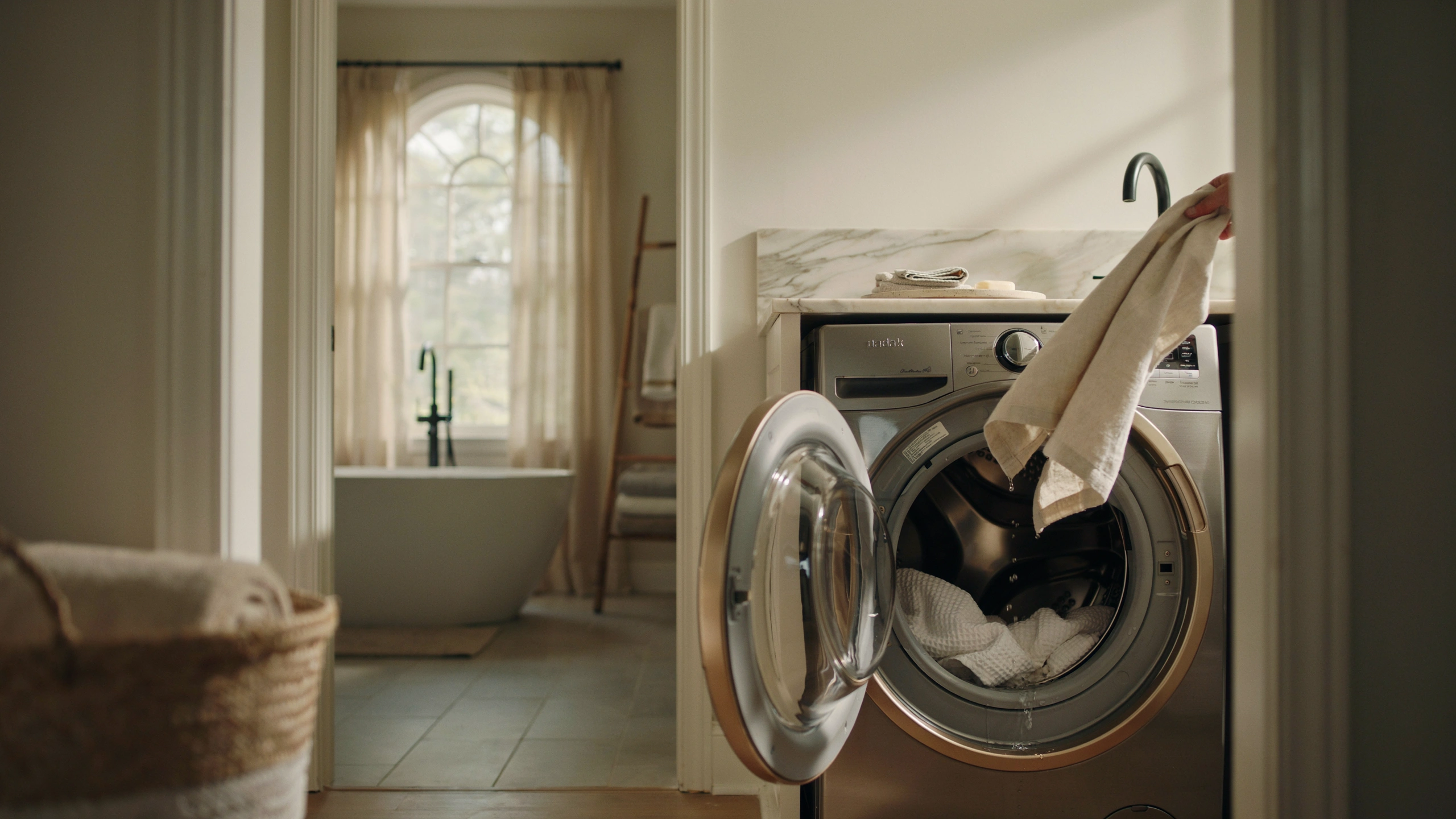 Shower curtain placed inside a washing machine with towels for a gentle deep clean inside a modern laundry setting.