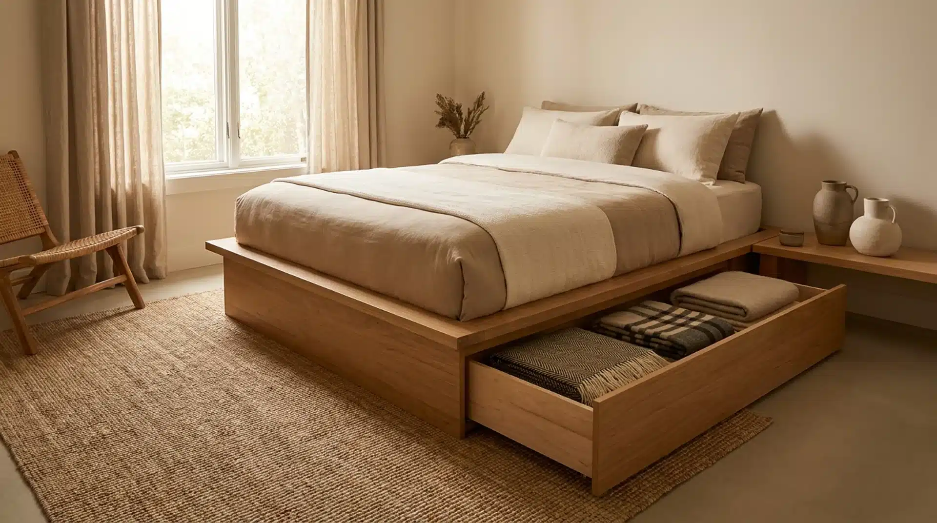 Guest bedroom with a low platform bed and an open under-bed storage drawer holding folded blankets.