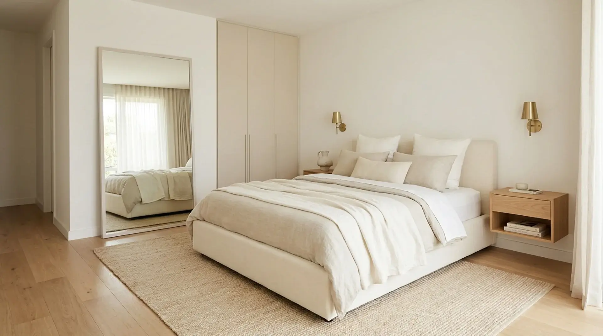 Small neutral bedroom with a low bed, floating nightstands, mirror, and light calming colors.
