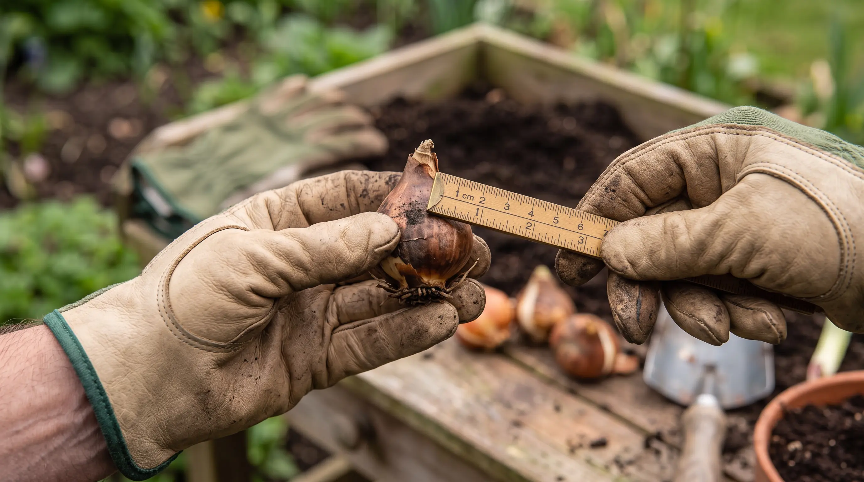 Tulip bulb being measured from base to tip before planting