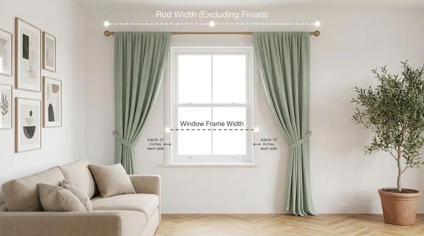 Curtain measuring guide showing window frame width and rod width measurements with 6–12 inch extensions on each side.