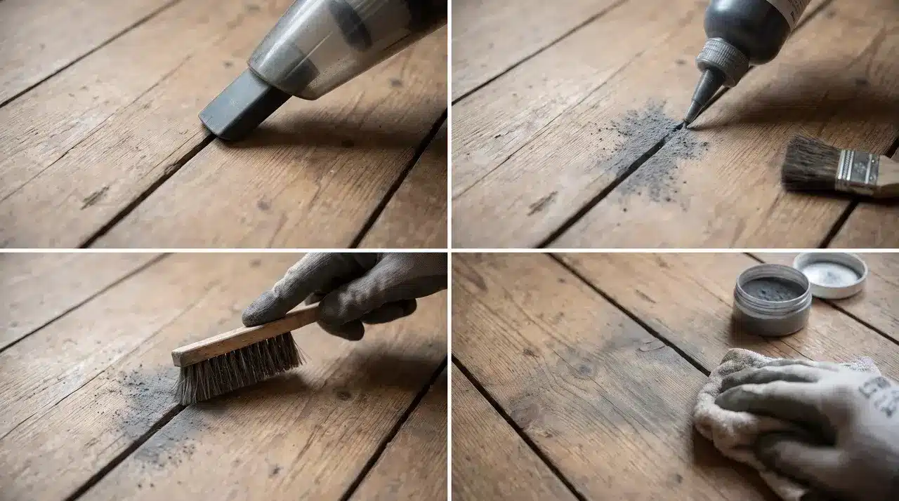 Applying graphite powder between wooden floorboards to reduce squeaks.
