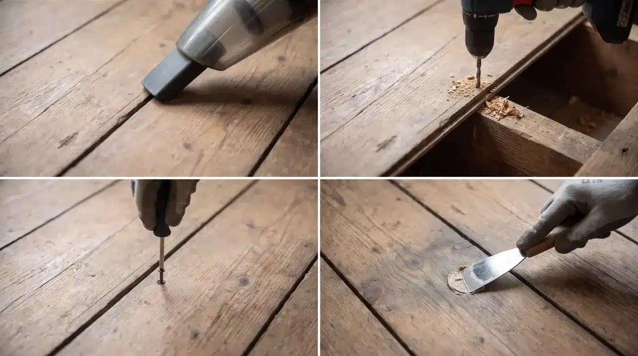Replacing loose floorboard nails with screws to stop creaking.