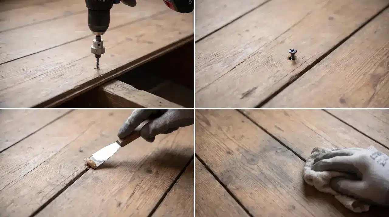 Using breakaway screws and wood filler to repair creaky finished floorboards.