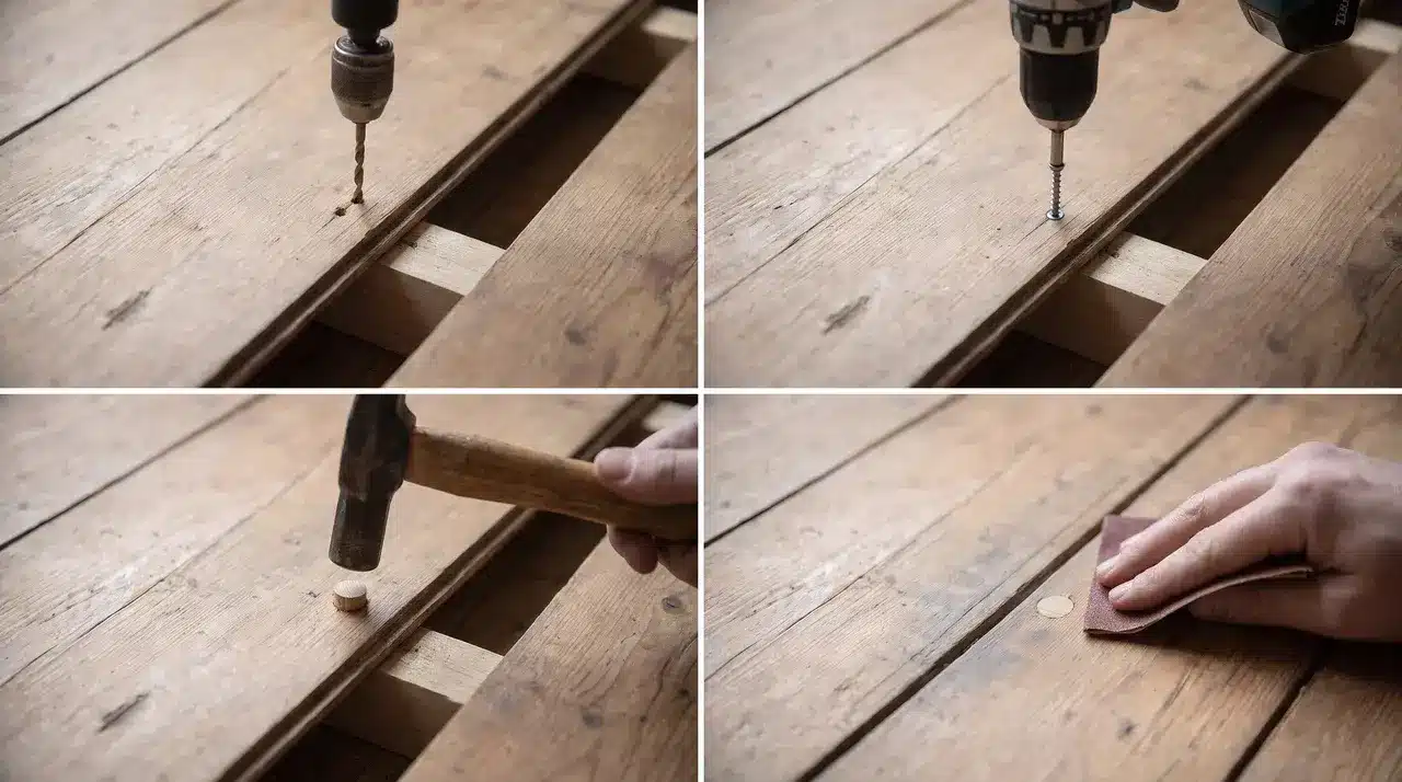 Refixing a loose floorboard end with a screw, wood plug, and sandpaper.