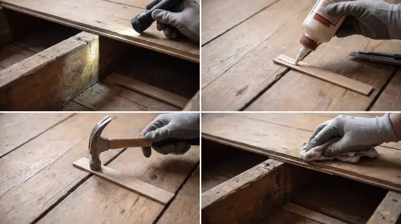 Inserting a glued wood shim between the floor joist and subfloor to stop squeaks.