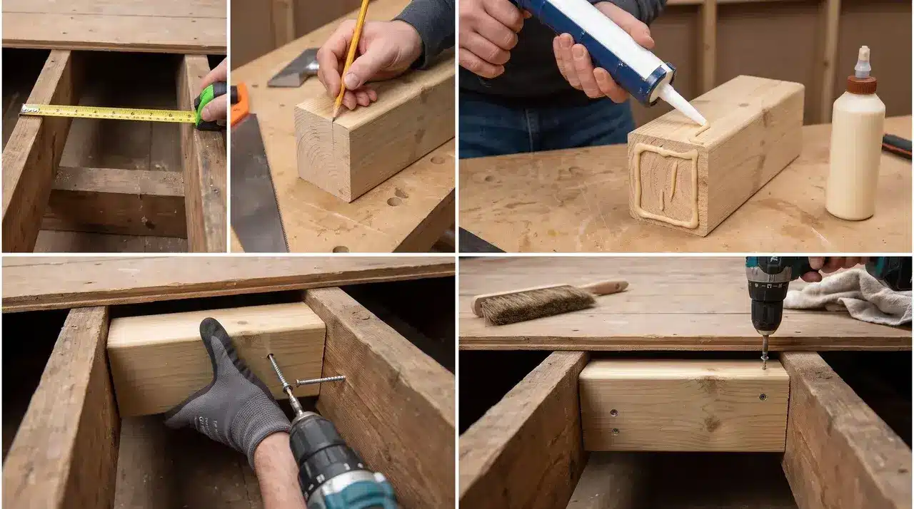 Measuring, gluing, and securing timber blocking between floor joists to reduce movement and squeaks.