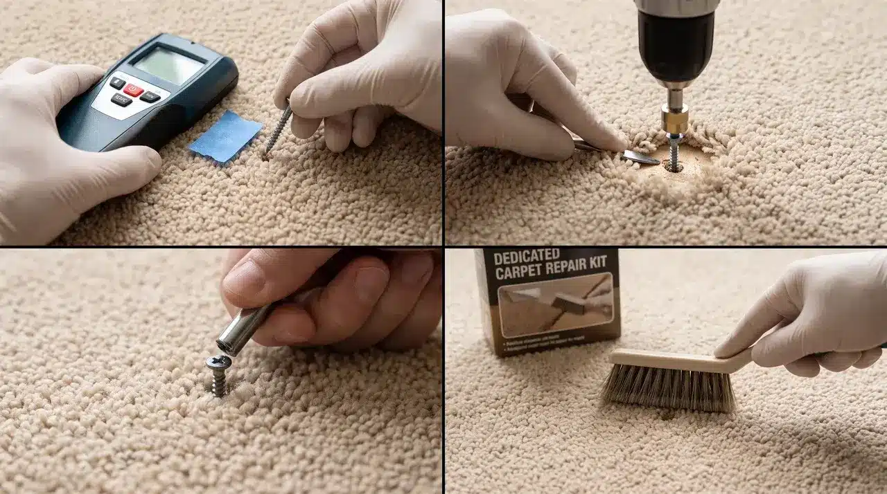 Fixing a squeaky floor through carpet using a joist finder and breakaway screw kit.
