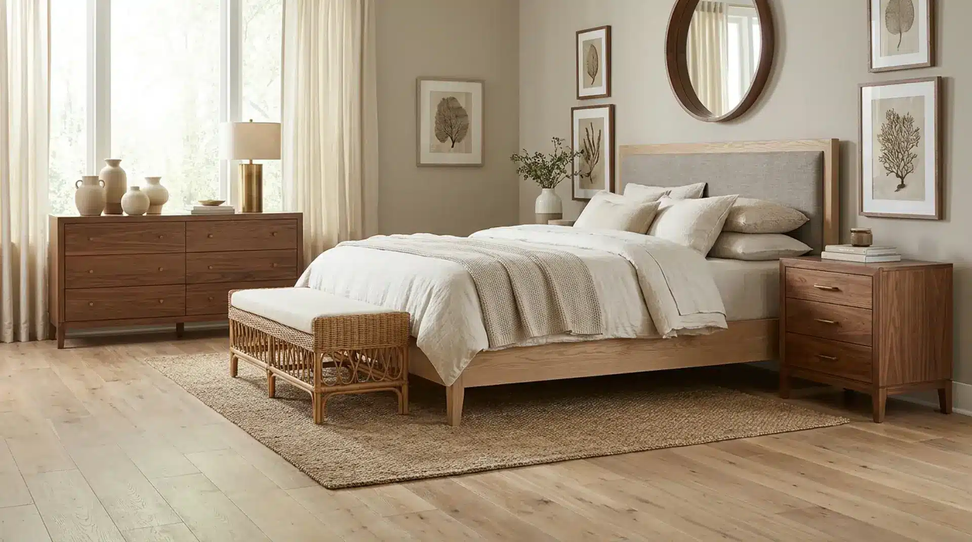 Neutral bedroom combining light oak and walnut furniture with linen bedding and warm textures.