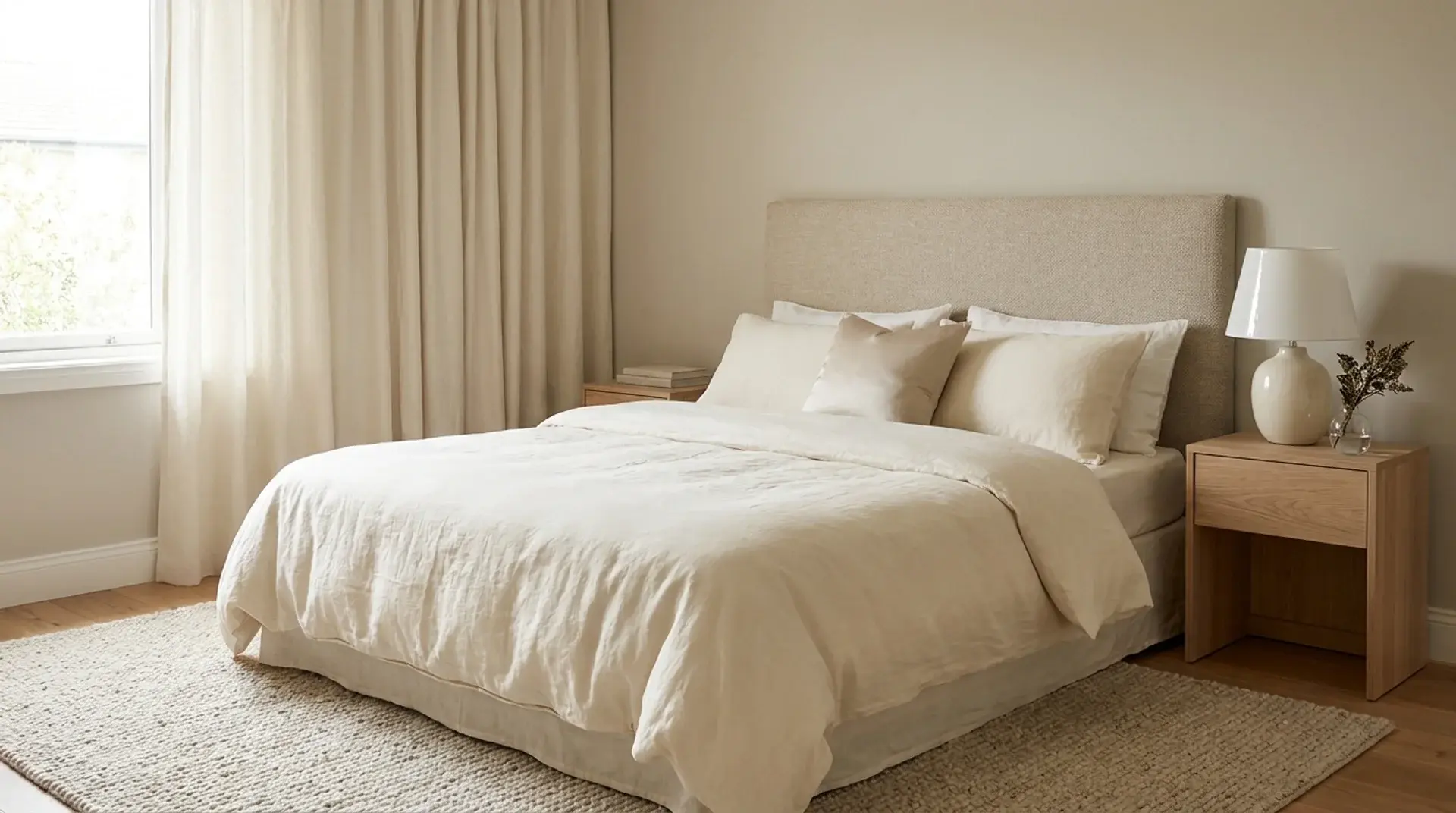 Neutral bedroom combining matte linen, wood, and glossy ceramic textures for layered depth.