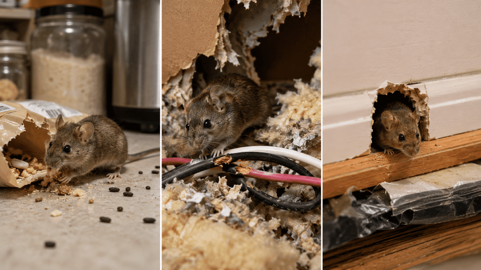 Three-panel image showing mice contaminating food, chewing electrical wires, and entering through a damaged wall gap.