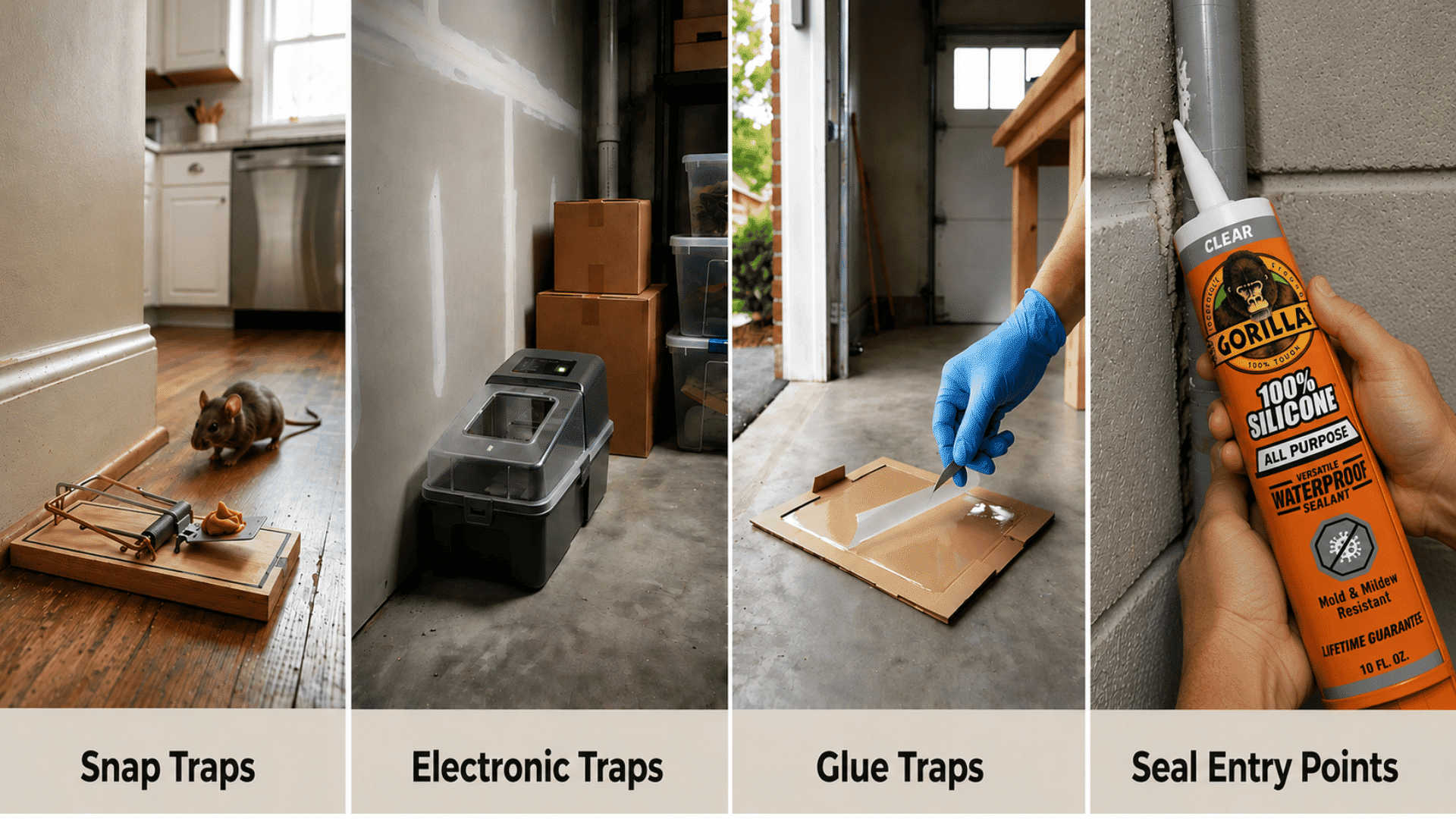 Four pest control methods showing snap, electronic and glue traps, plus silicone sealant used to close mouse entry gaps.