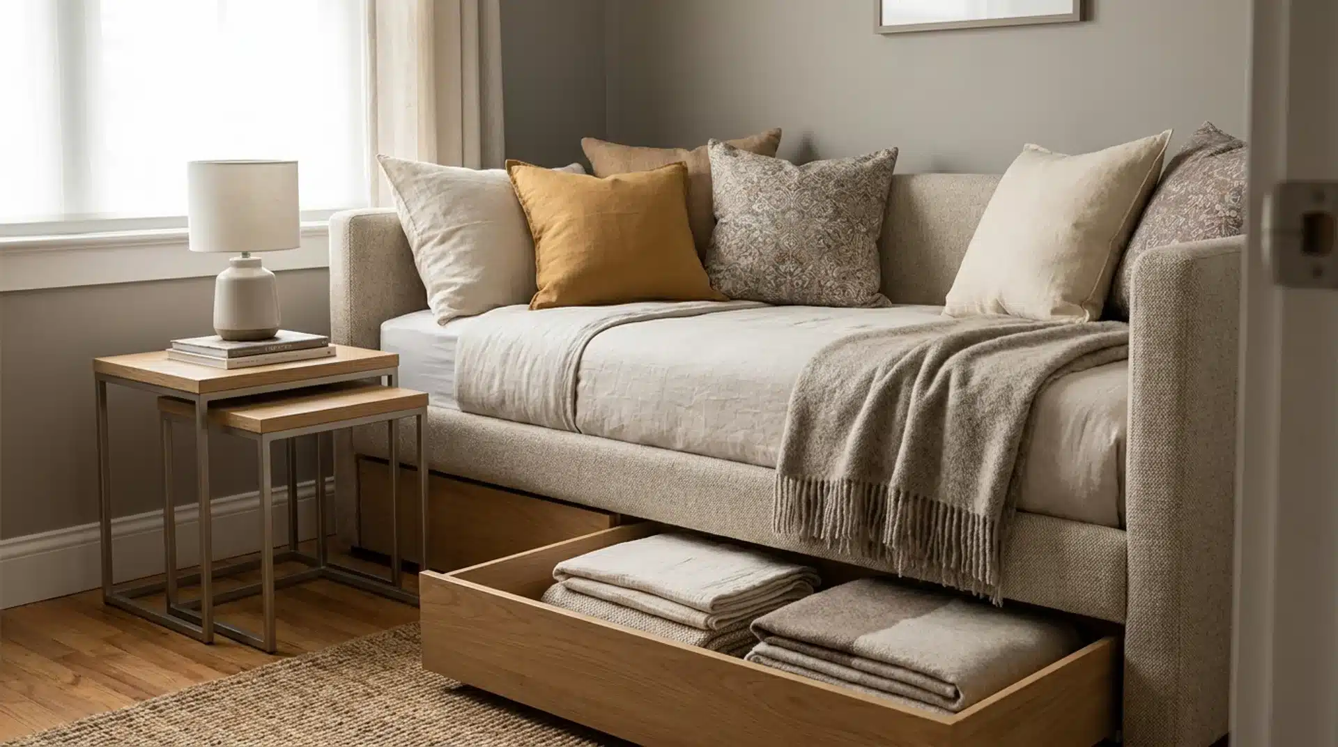 Guest bedroom daybed with cushions, a throw, and an open storage drawer holding folded blankets.