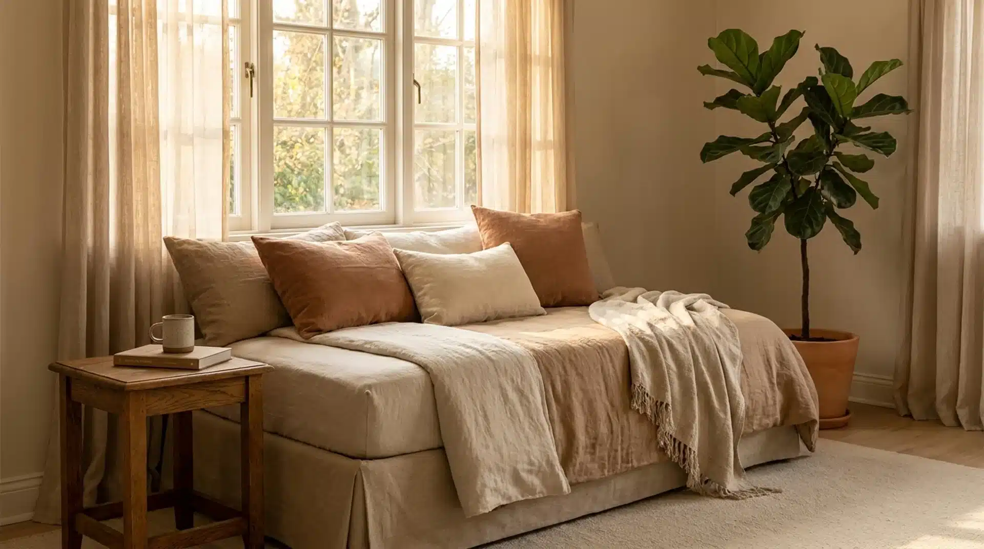 Cosy daybed styled as a sofa with cushions, a throw, and a potted plant in warm afternoon light.