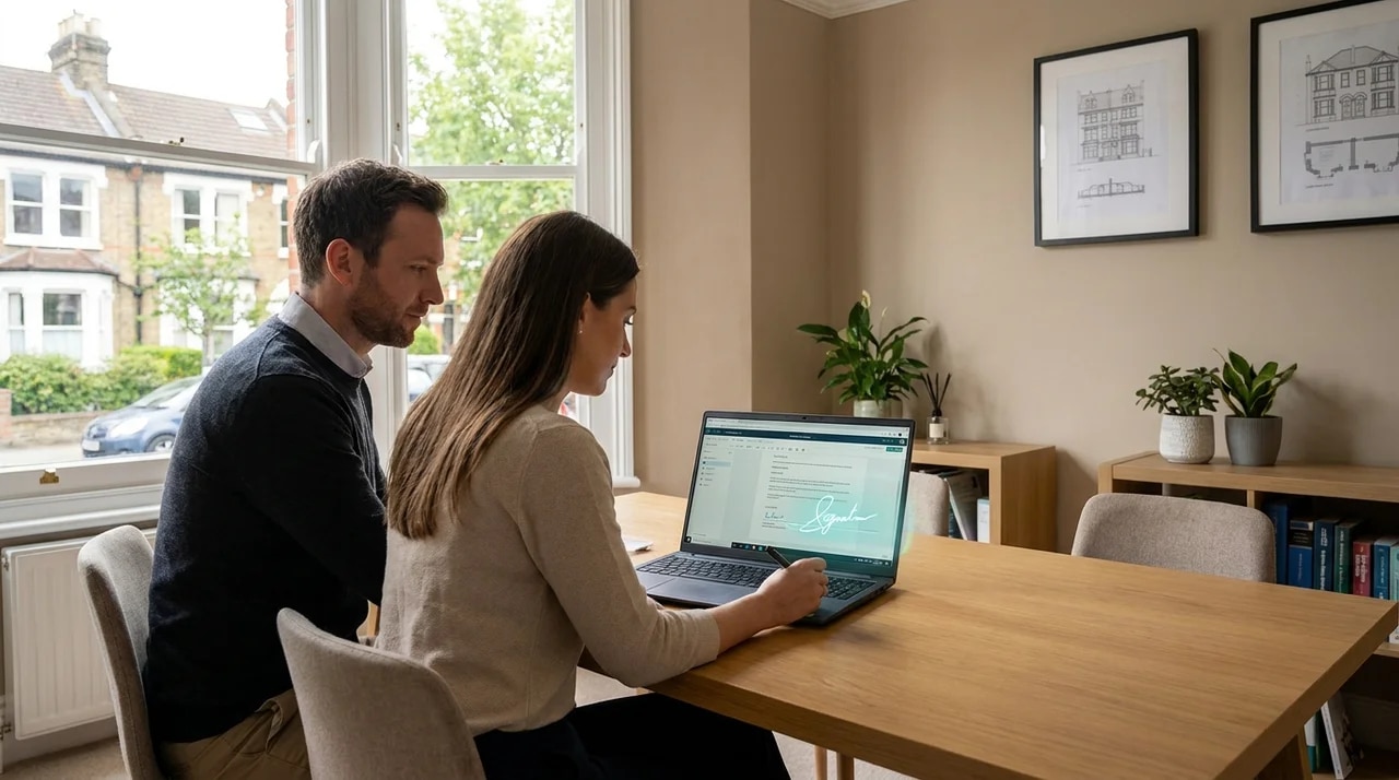 Couple reviewing a digital mortgage document on a laptop with an electronic signature prompt during home purchase.