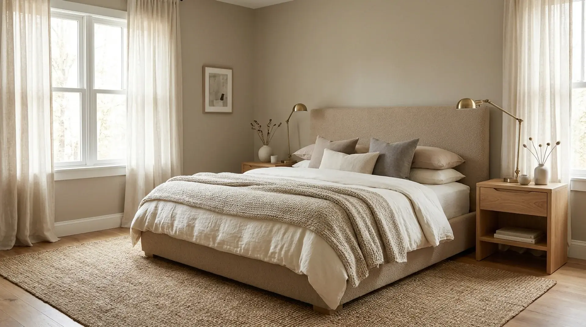 Neutral bedroom with cream bedding, textured headboard, wood furniture, and warm natural textures.