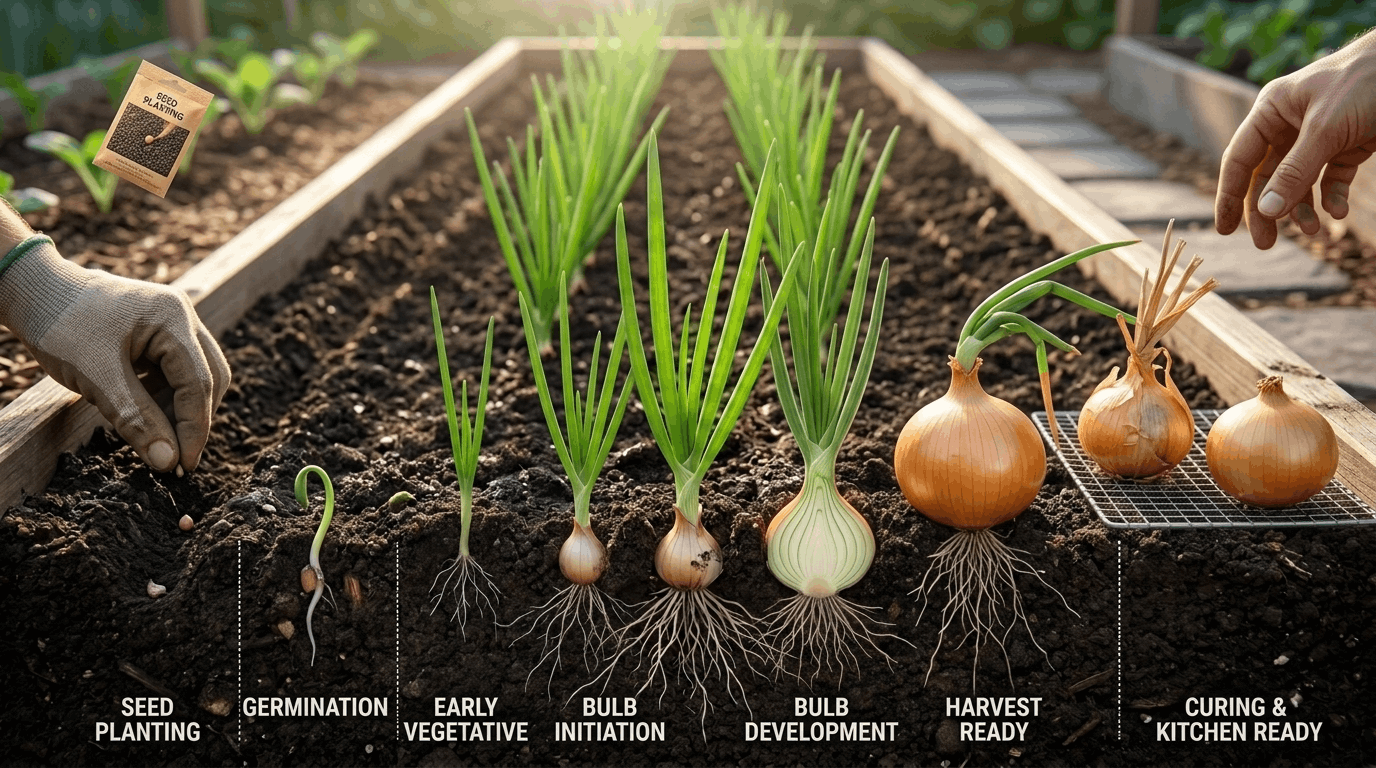 Young onion plants in early growth stage showing green leaf development in soil under sunlight, representing vegetative phase before bulb formation.