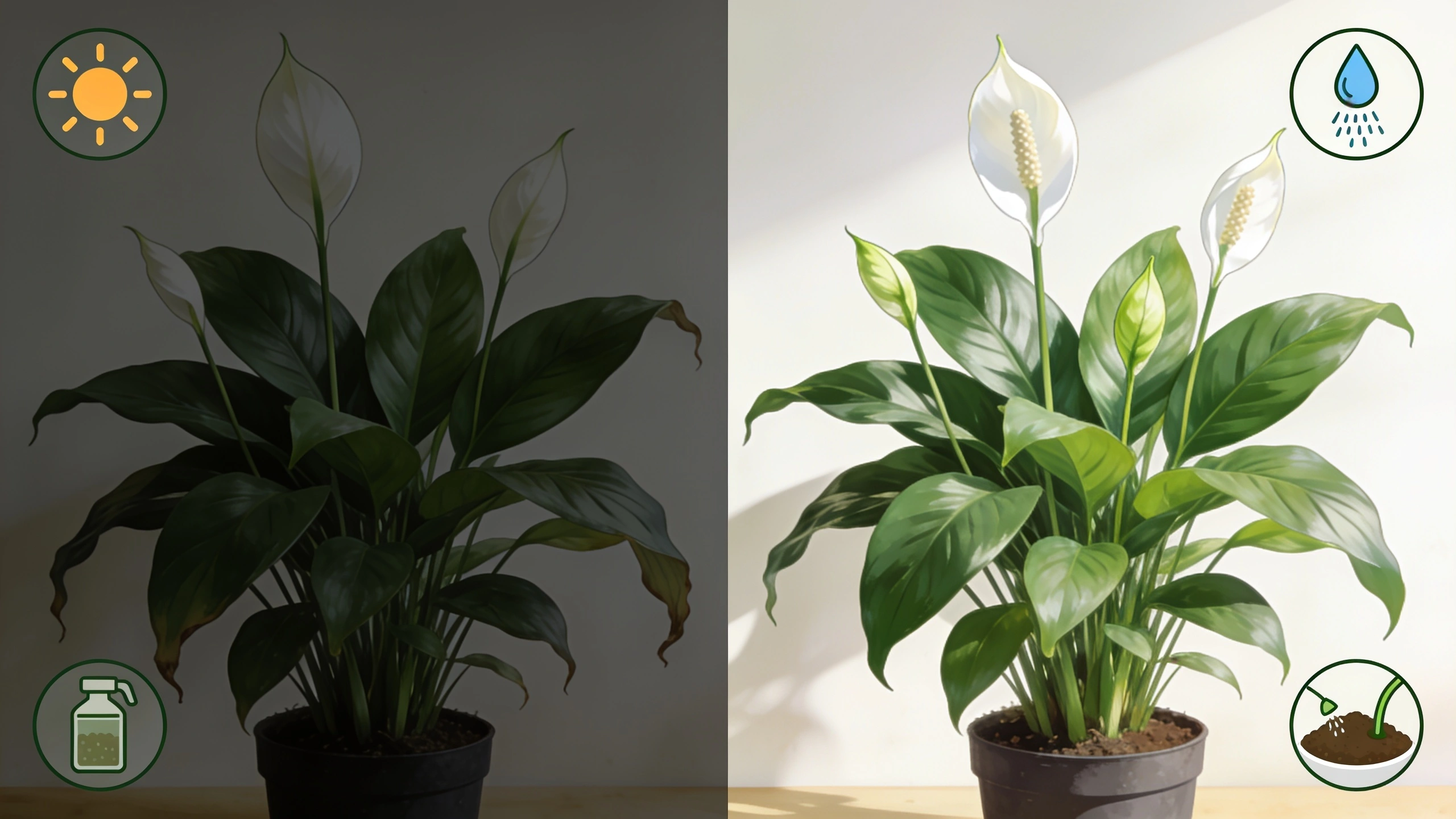 Side-by-side comparison of a peace lily plant showing unhealthy, drooping leaves in low light on the left and a healthy, bright green blooming plant in sunlight on the right with care icons for light.