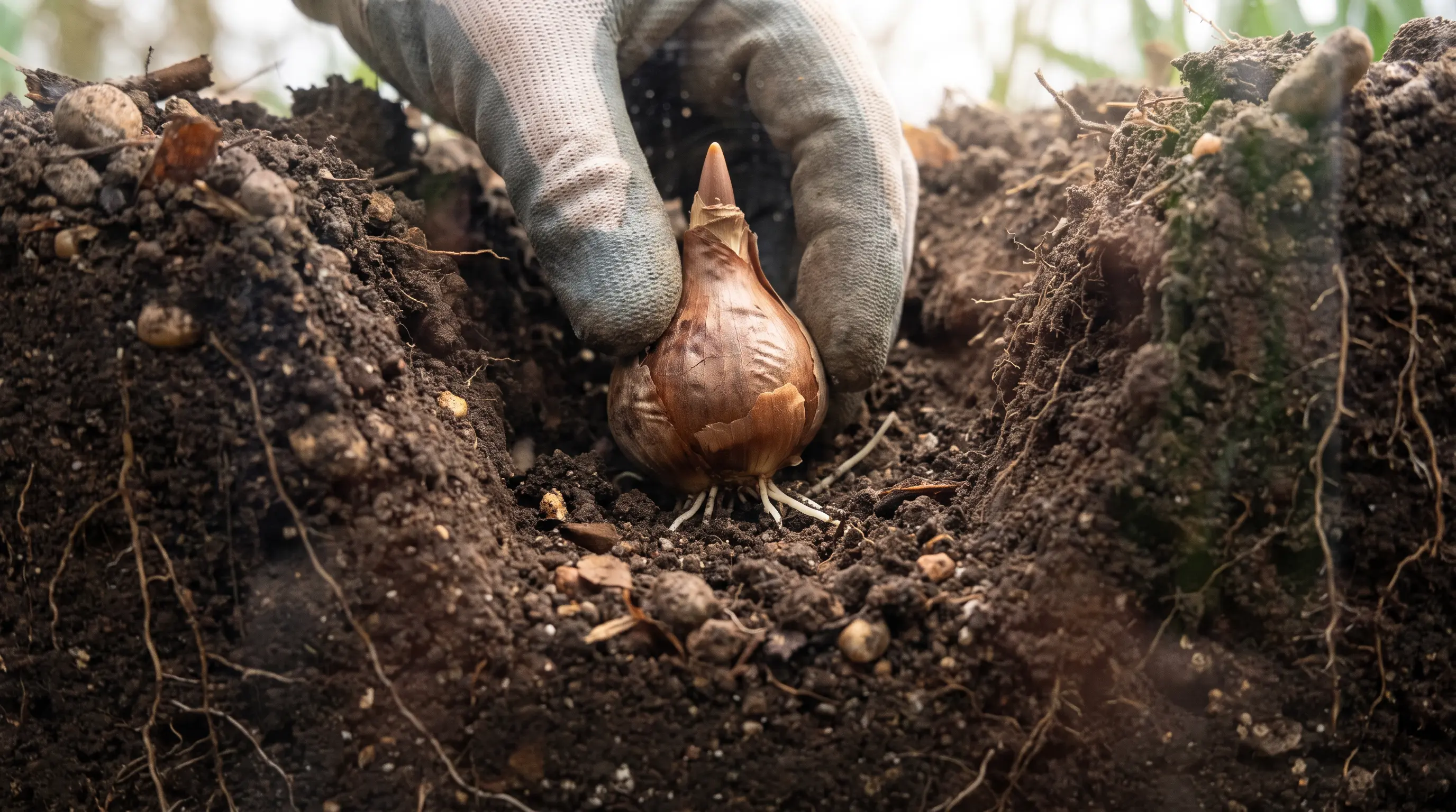 Daffodil bulb positioned correctly with roots facing downward and tip upward
