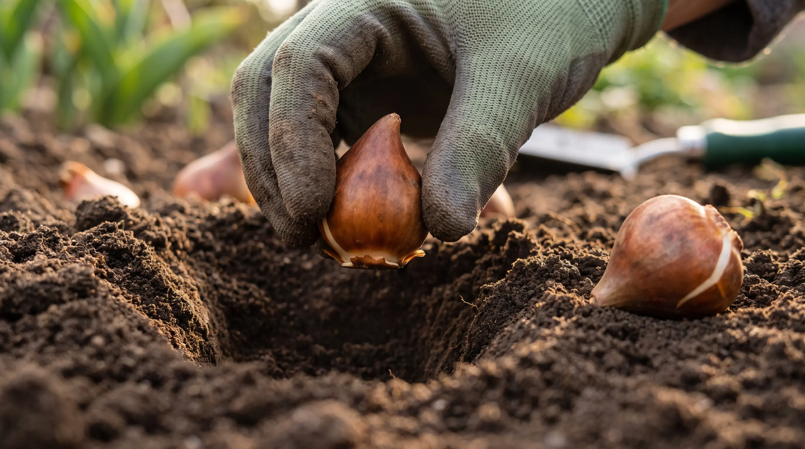 Tulip bulb being placed pointed end up into a planting hole