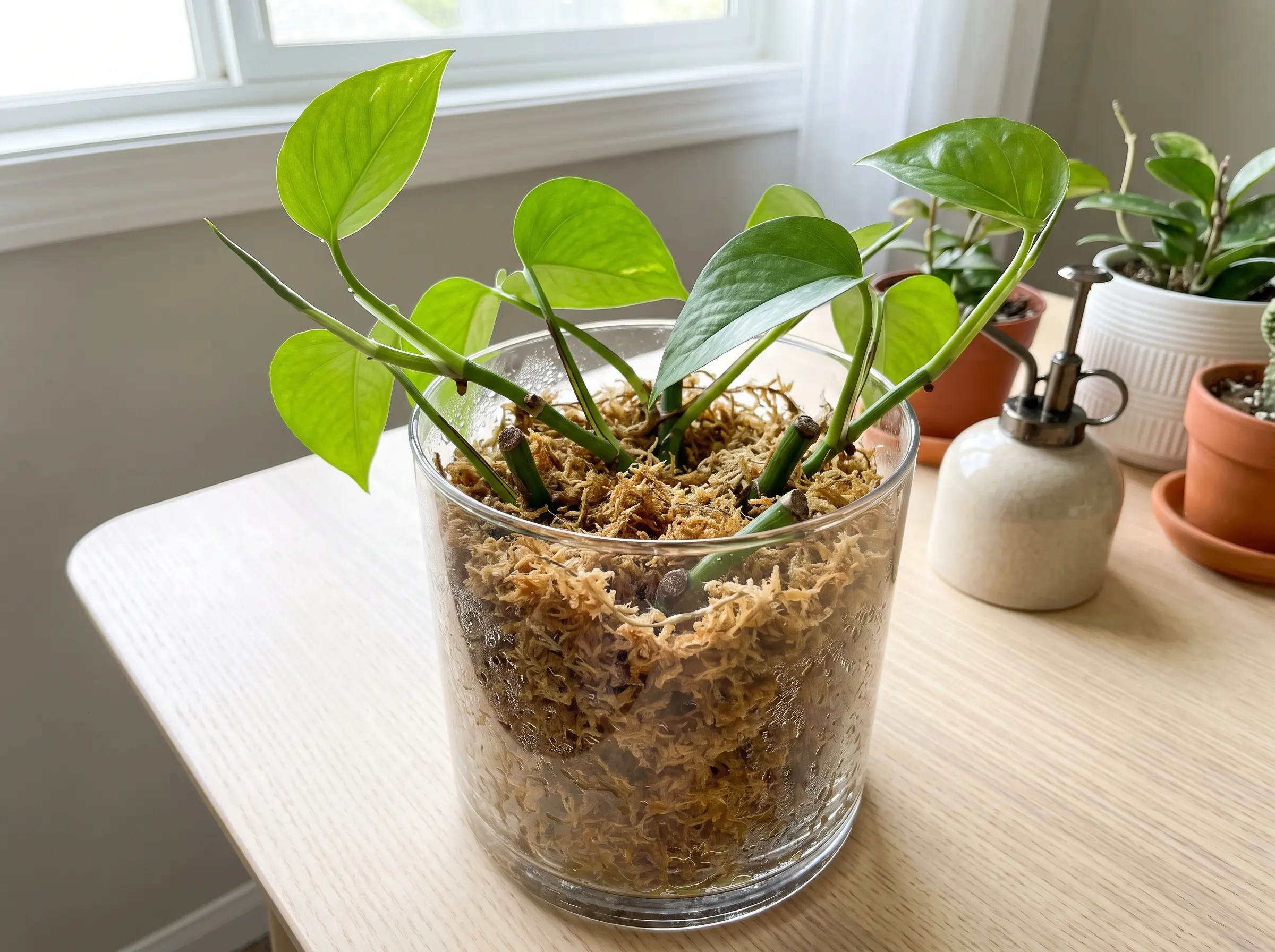 Pothos node cutting placed in a glass container filled with moist sphagnum moss