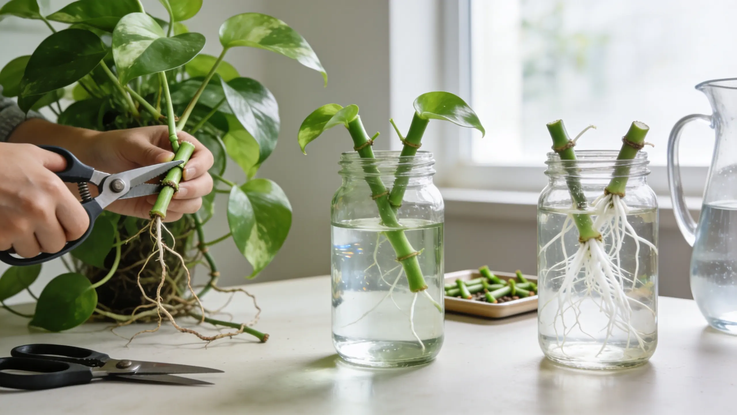 Pothos water propagation shown step by step with cut vine nodes in scissors, glass jars of water, and visible root growth in natural indoor light.