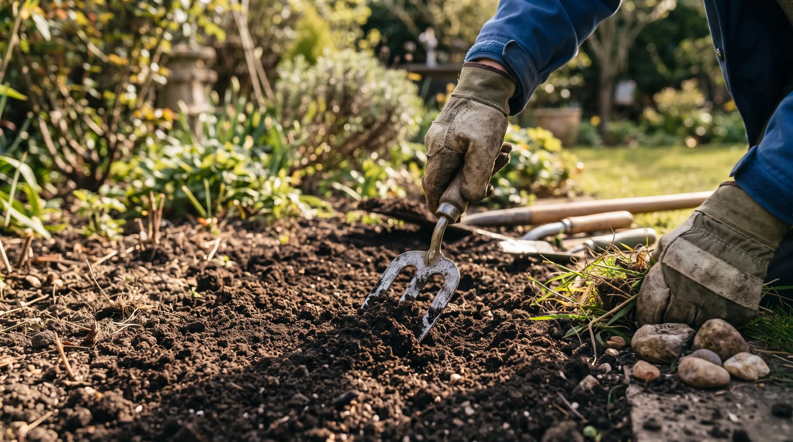 Garden bed being prepared for tulip bulbs with loose well-drained soil in sunlight