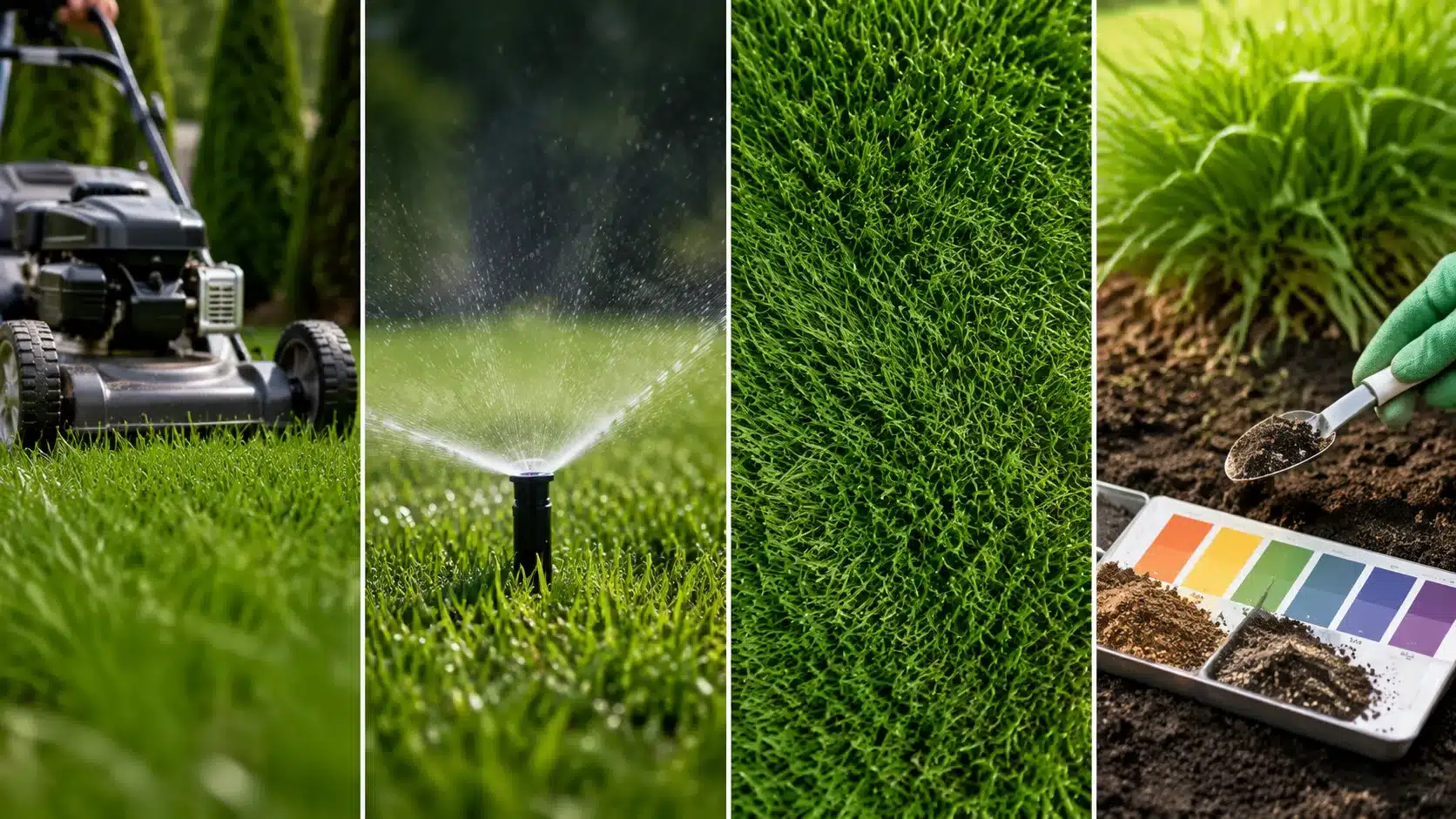 Four lawn care steps showing mowing grass, deep watering, dense turf growth, and soil testing to prevent common weeds long-term.